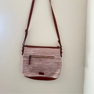 The Sak Boho Crossbody Bag Pink Stripe Canvas Leather Trim Multi-Zip